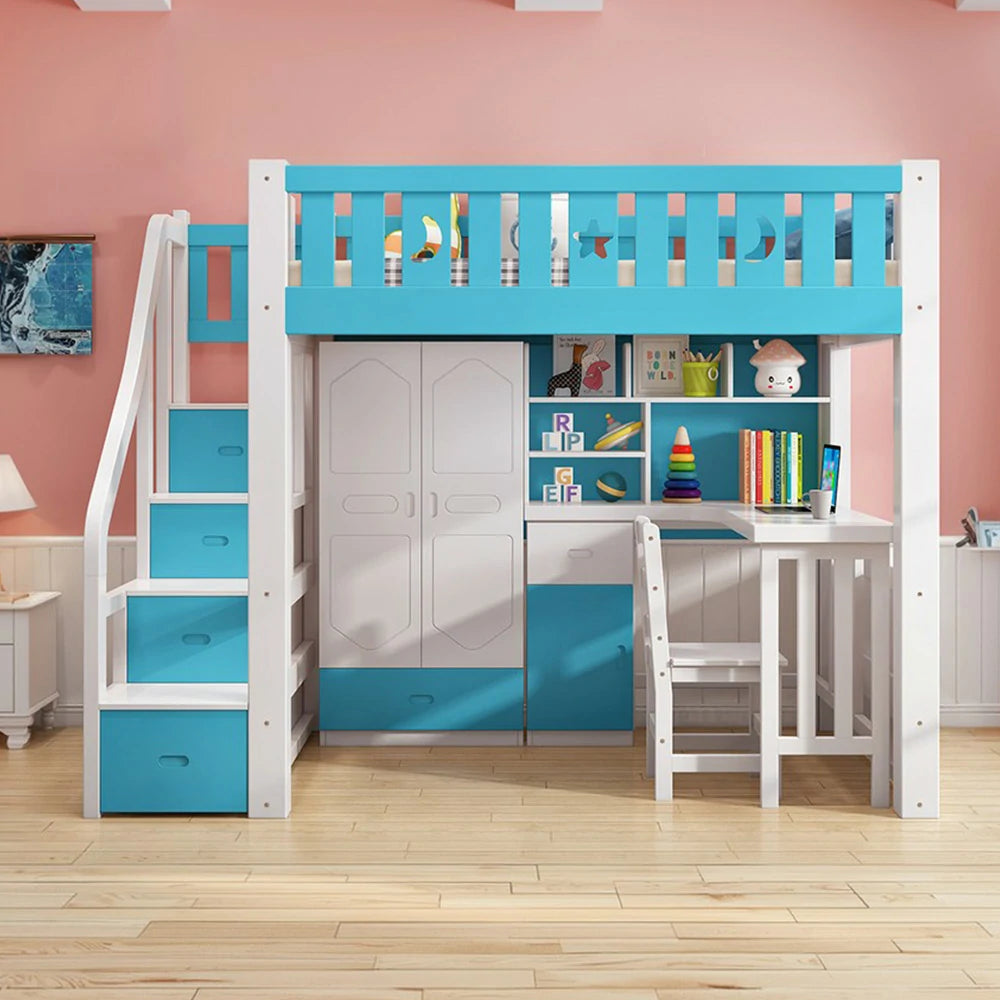LUXORA Multifunctional Bunk Bed 120/135/150cm Eco-Friendly Solid Wood, 40cm Guardrails, Built-in Desk Bookshelf Wardrobe, Wide Safe Ladder - Blue