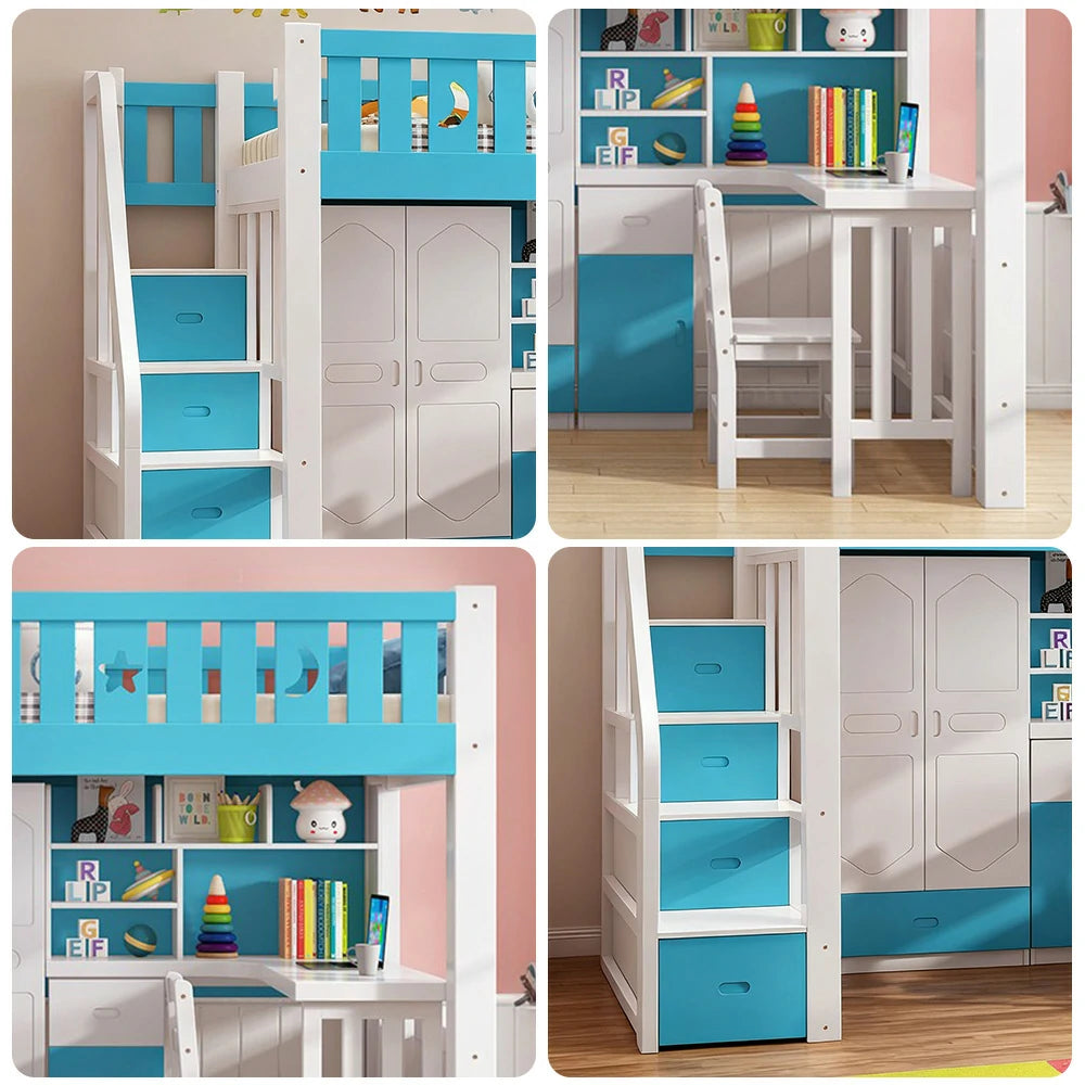 LUXORA Multifunctional Bunk Bed 120/135/150cm Eco-Friendly Solid Wood, 40cm Guardrails, Built-in Desk Bookshelf Wardrobe, Wide Safe Ladder - Blue