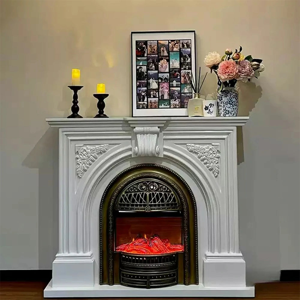 LIVARA 130cm Decorative Fireplace Mantel - Ivory White Solid Wood Frame, Birdcage Flame Core Insert, Elegant Classic Design
