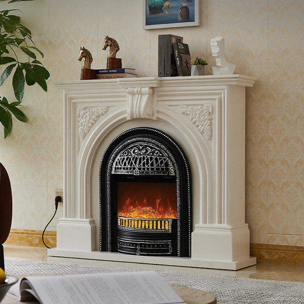 LIVARA 130cm Decorative Fireplace Mantel - Ivory White Solid Wood Frame, Birdcage Flame Core Insert, Elegant Classic Design