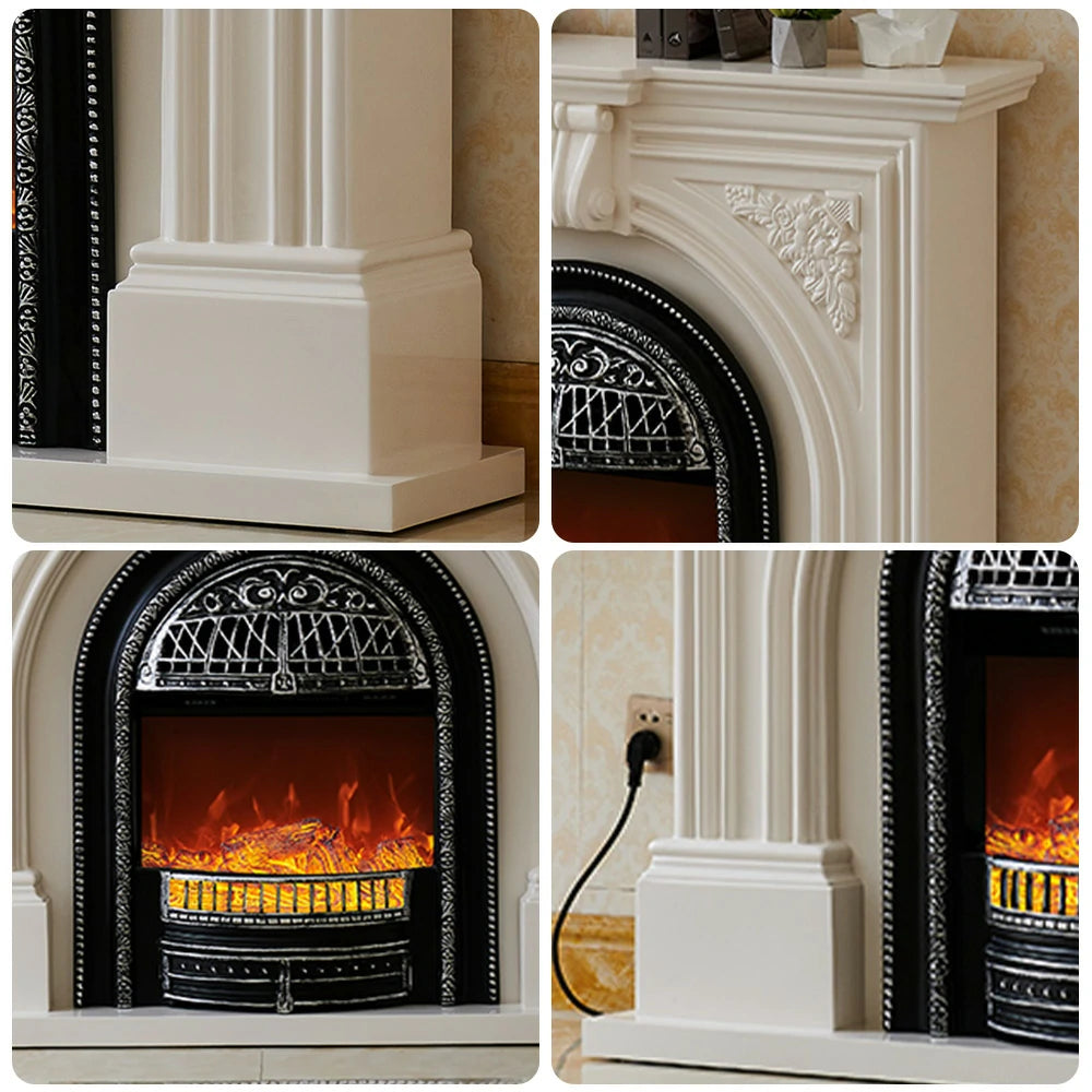 LIVARA 130cm Decorative Fireplace Mantel - Ivory White Solid Wood Frame, Birdcage Flame Core Insert, Elegant Classic Design