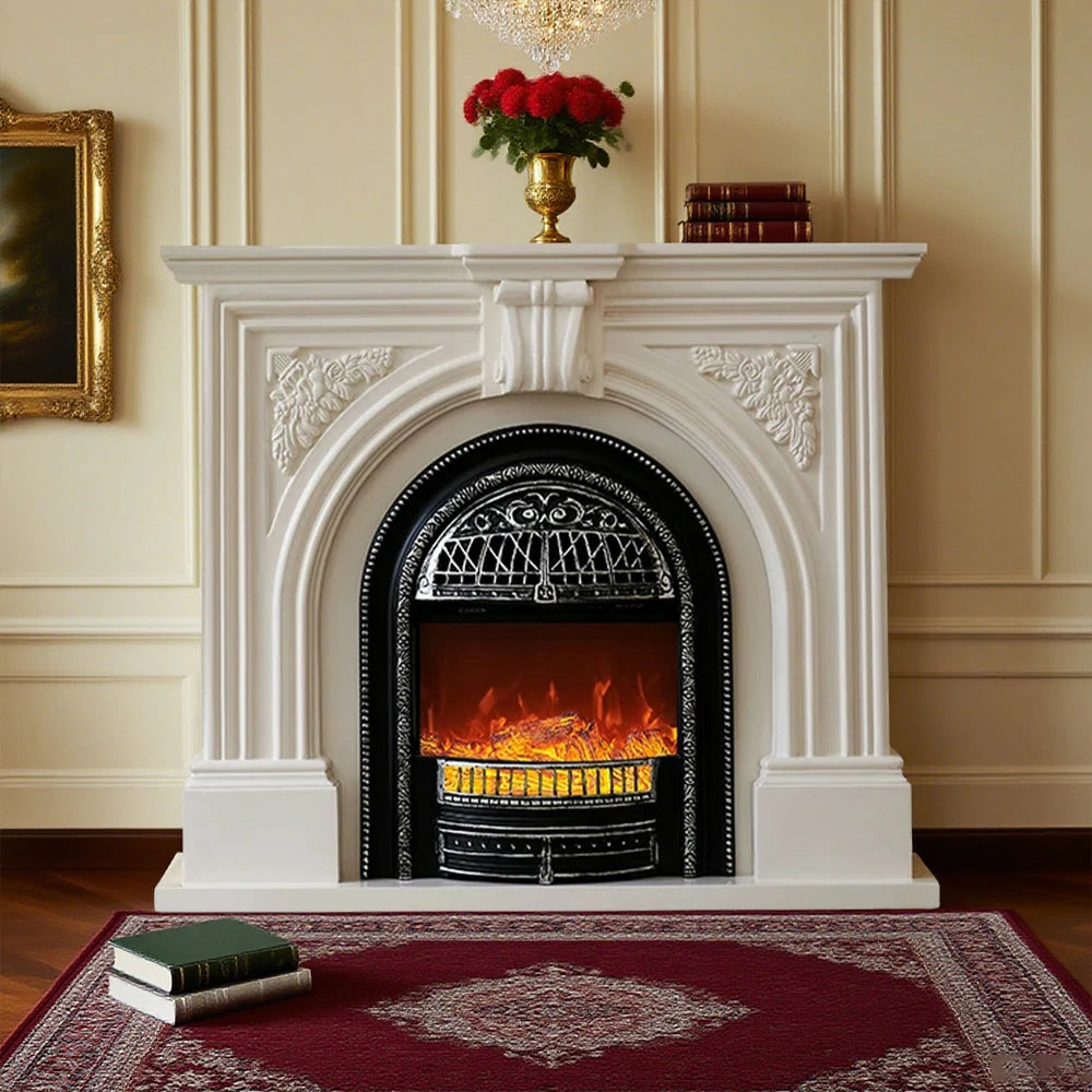 LIVARA 130cm Decorative Fireplace Mantel - Ivory White Solid Wood Frame, Birdcage Flame Core Insert, Elegant Classic Design