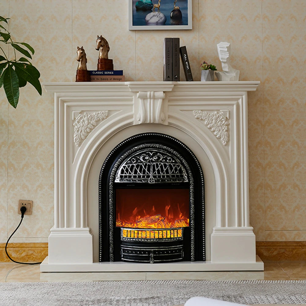 LIVARA 130cm Decorative Fireplace Mantel - Ivory White Solid Wood Frame, Birdcage Flame Core Insert, Elegant Classic Design