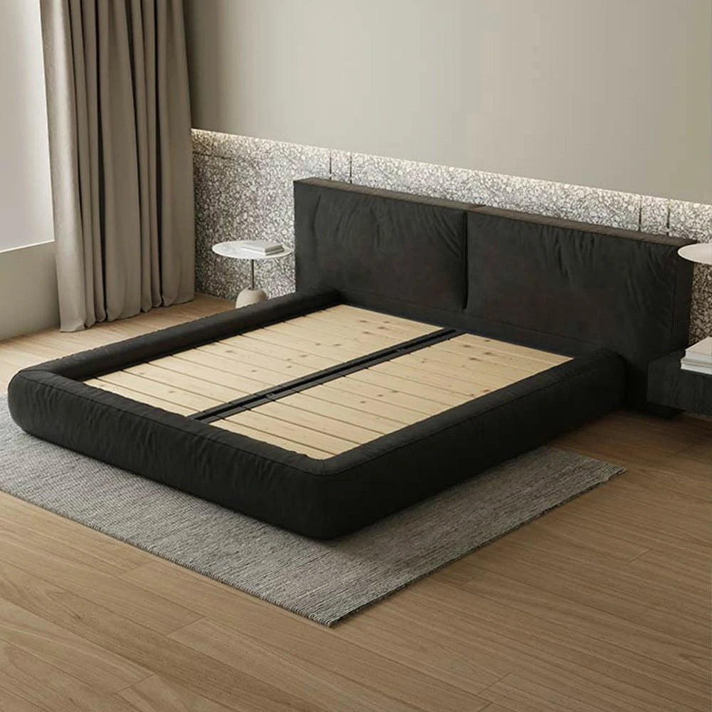 LUXORA Upholstered Bed Frame 150/180cm Nappa Leather Headboard, Solid Larch Wood & Steel Support, Padded Edges & Anti-Slip Design - Black