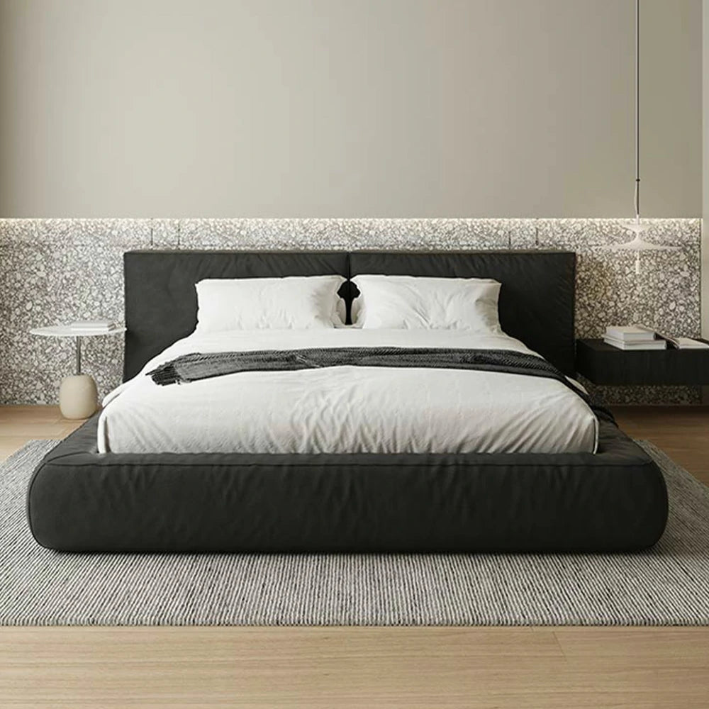 LUXORA Upholstered Bed Frame 150/180cm Nappa Leather Headboard, Solid Larch Wood & Steel Support, Padded Edges & Anti-Slip Design - Black