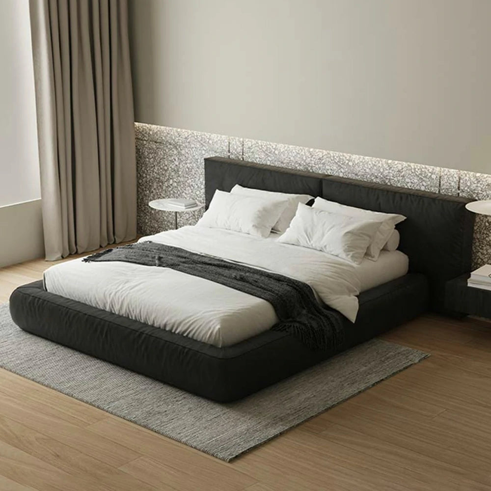 LUXORA Upholstered Bed Frame 150/180cm Nappa Leather Headboard, Solid Larch Wood & Steel Support, Padded Edges & Anti-Slip Design - Black