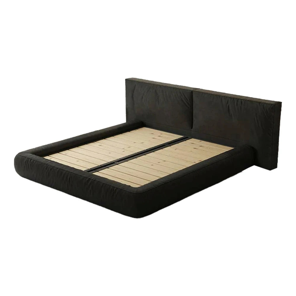 LUXORA Upholstered Bed Frame 150/180cm Nappa Leather Headboard, Solid Larch Wood & Steel Support, Padded Edges & Anti-Slip Design - Black