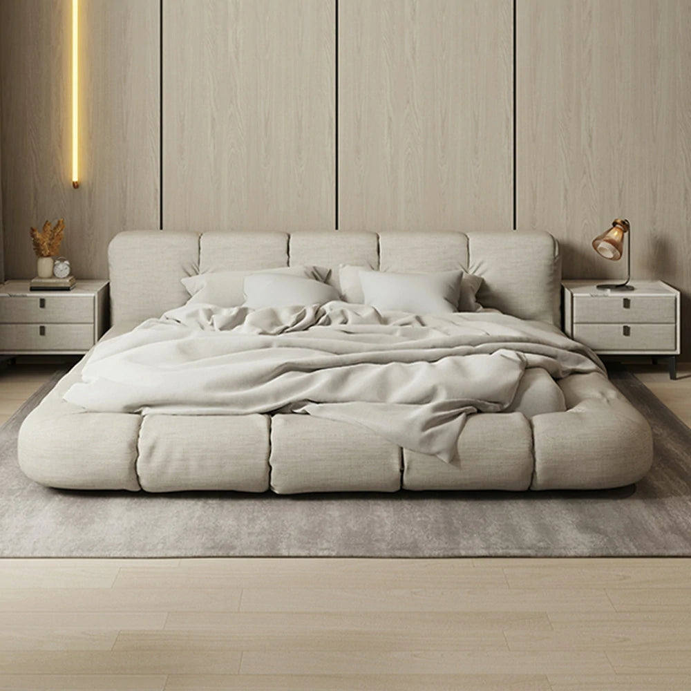 LUXORA Upholstered Bed Frame 150/180cm, Cotton-Linen Headboard, Solid Larch Wood & Steel Support, Padded Edges & Anti-Slip Design - Beige