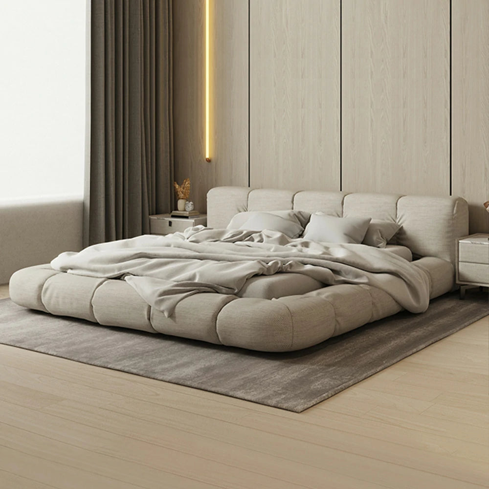 LUXORA Upholstered Bed Frame 150/180cm, Cotton-Linen Headboard, Solid Larch Wood & Steel Support, Padded Edges & Anti-Slip Design - Beige