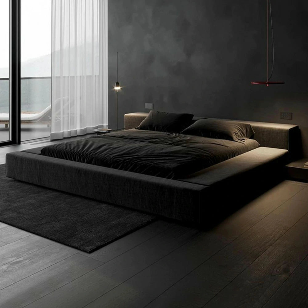 LUXORA Upholstered Bed Frame 150/180cm, Cotton-Linen Headboard, Solid Larch Wood & Steel Support, Padded Edges & Anti-Slip Design - Black