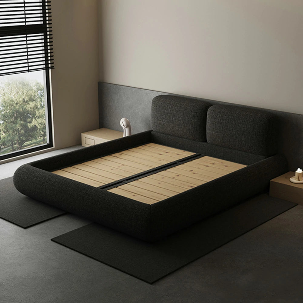 LUXORA Upholstered Bed Frame 150/180cm, Linen Fabric Headboard, Solid Larch Wood & Steel Support, Padded Edges & Anti-Slip Design - Black