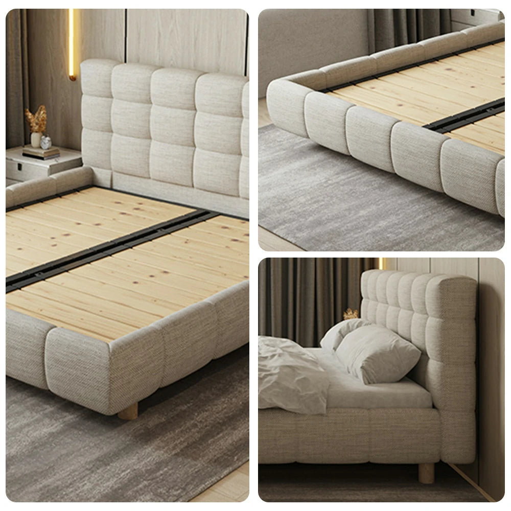 LUXORA Upholstered Bed Frame 150/180cm, Cotton-Linen & Solid Larch Wood, High Resilience Sponge & Anti-Slip Rails - Beige