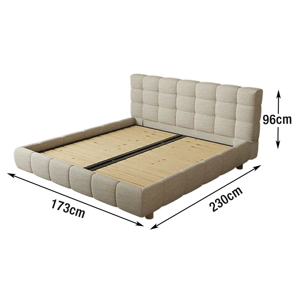 LUXORA Upholstered Bed Frame 150/180cm, Cotton-Linen & Solid Larch Wood, High Resilience Sponge & Anti-Slip Rails - Beige