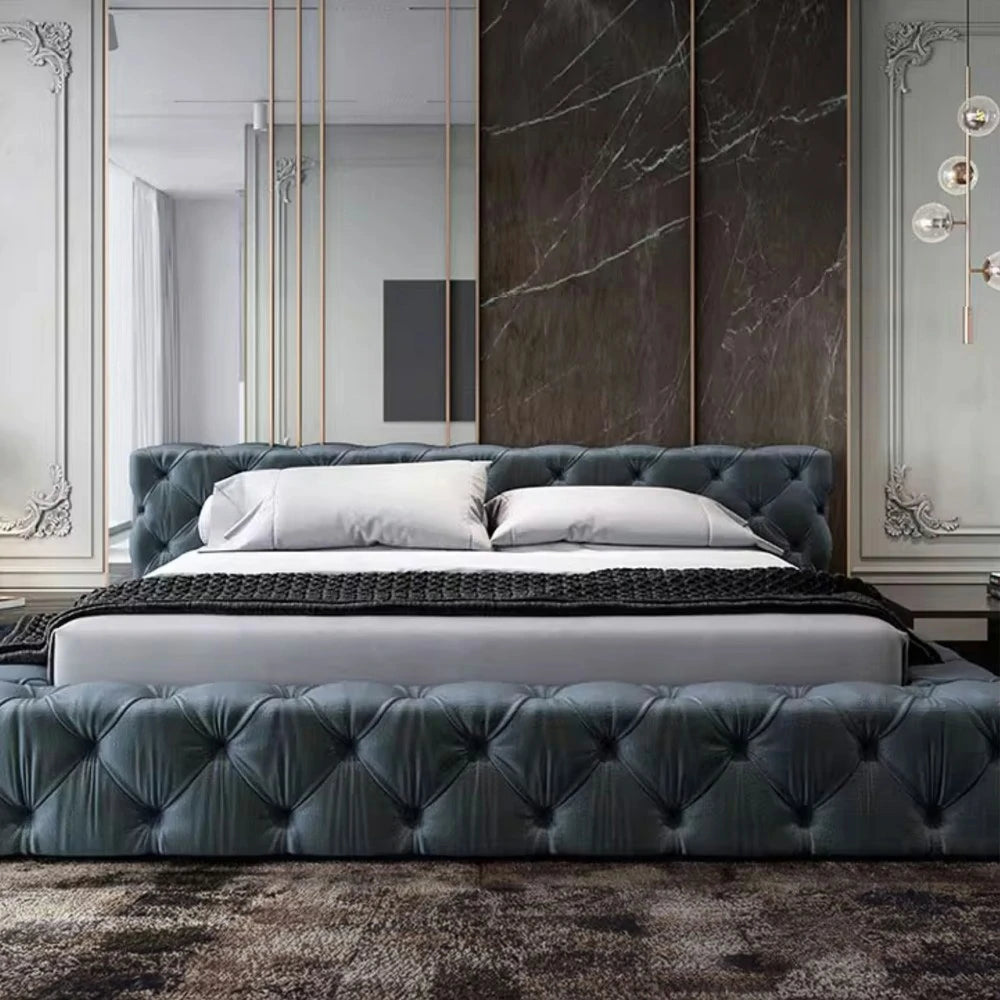 LUXORA Upholstered Bed Frame 150/180cm, Velvet & Solid Larch Wood, High Resilience Sponge, Padded Edges - Blue