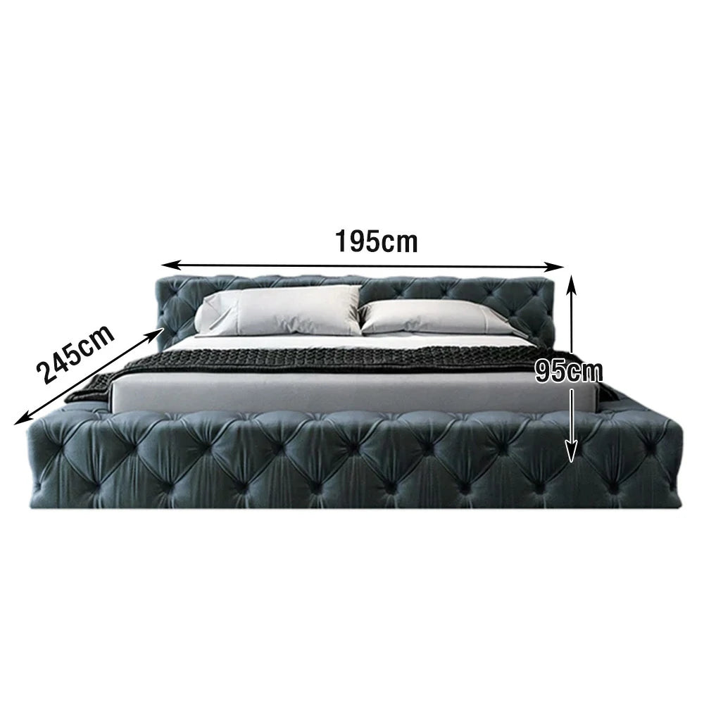 LUXORA Upholstered Bed Frame 150/180cm, Velvet & Solid Larch Wood, High Resilience Sponge, Padded Edges - Blue
