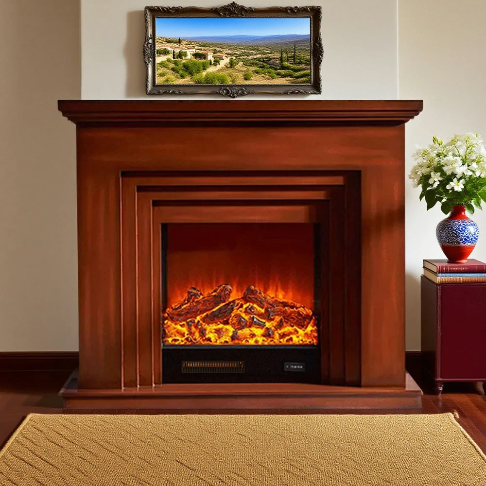 LIVARA 608 Electric Fireplace TV Cabinet - White Solid Wood Frame, 3D Flame Effect, Dual Core Options 12W/750–1500W - Brown