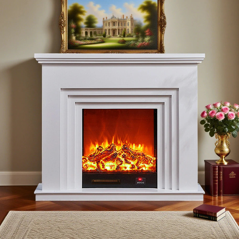 LIVARA 608 Electric Fireplace TV Cabinet - White Solid Wood Frame, 3D Flame Effect, Dual Core Options 12W/750–1500W - White