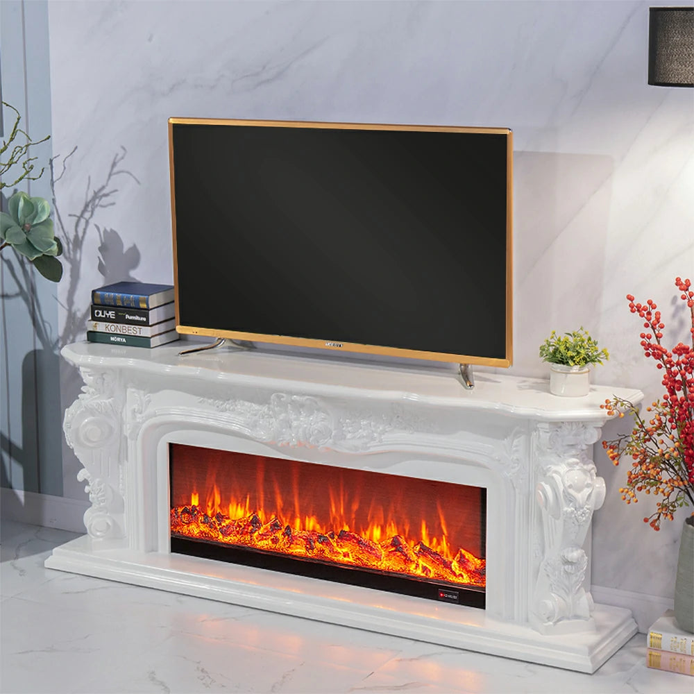 LIVARA 610 Electric Fireplace TV Stand - White Solid Wood, Remote Control, 3D Flame, Decorative or Heating Core Options 12W/750–1500W