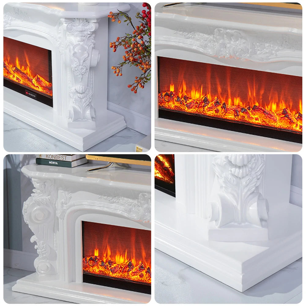 LIVARA 610 Electric Fireplace TV Stand - White Solid Wood, Remote Control, 3D Flame, Decorative or Heating Core Options 12W/750–1500W