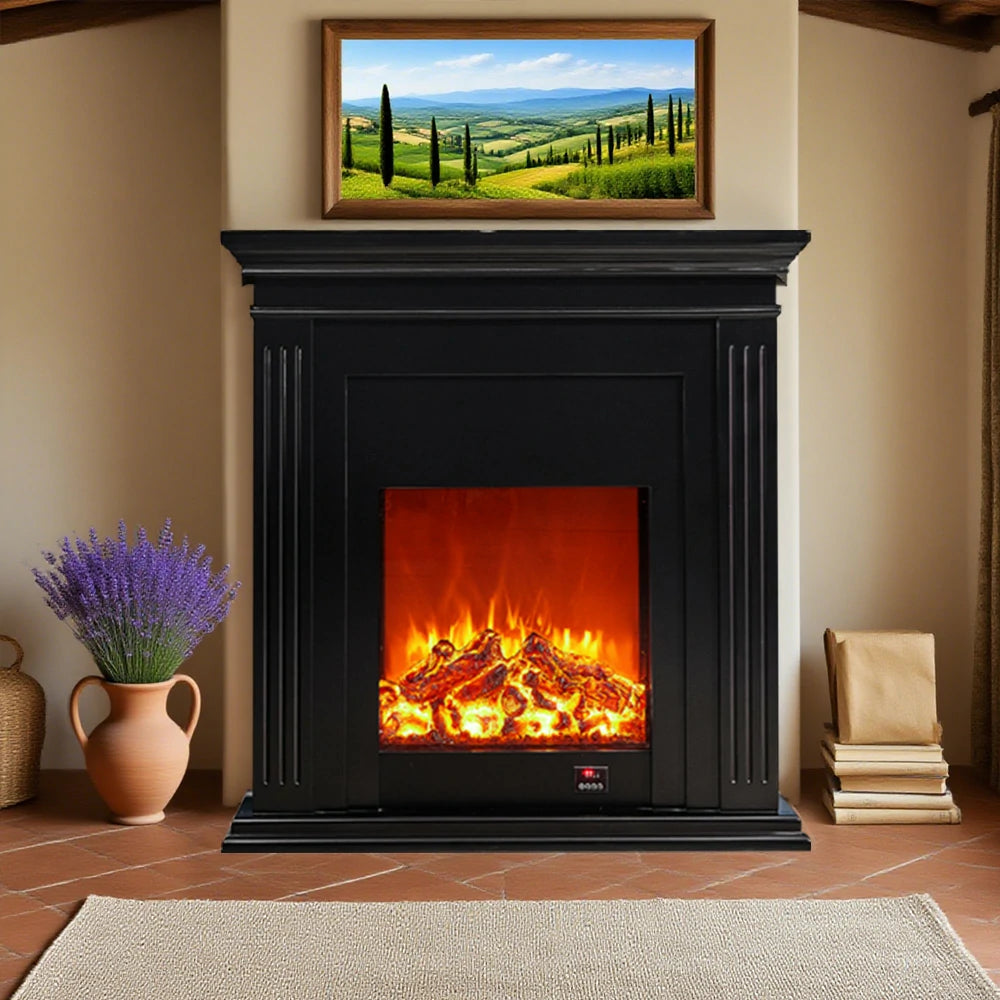 LIVARA 701 Solid Wood Electric Fireplace TV Console - 3D Flame Effect, Remote Control, Choice of 12W Decorative Core or 750–1500W Heating Core - Black