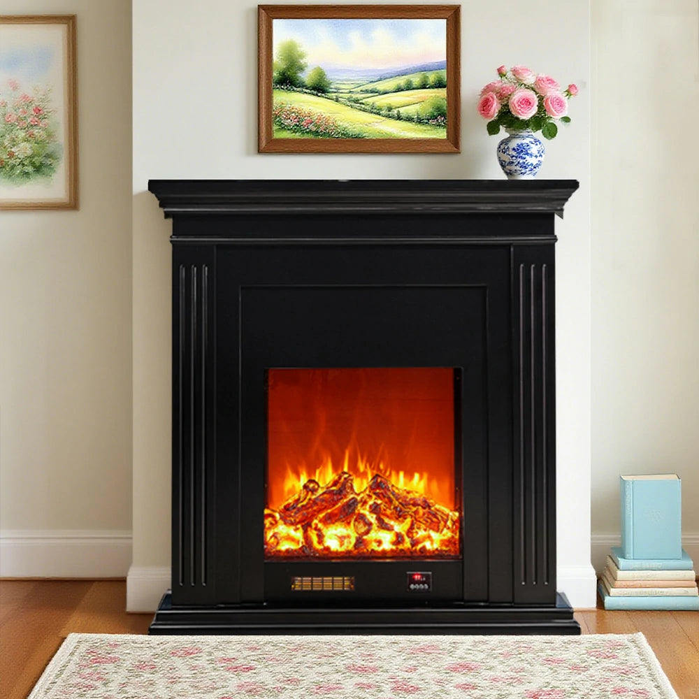 LIVARA 701 Solid Wood Electric Fireplace TV Console - 3D Flame Effect, Remote Control, Choice of 12W Decorative Core or 750–1500W Heating Core - Black