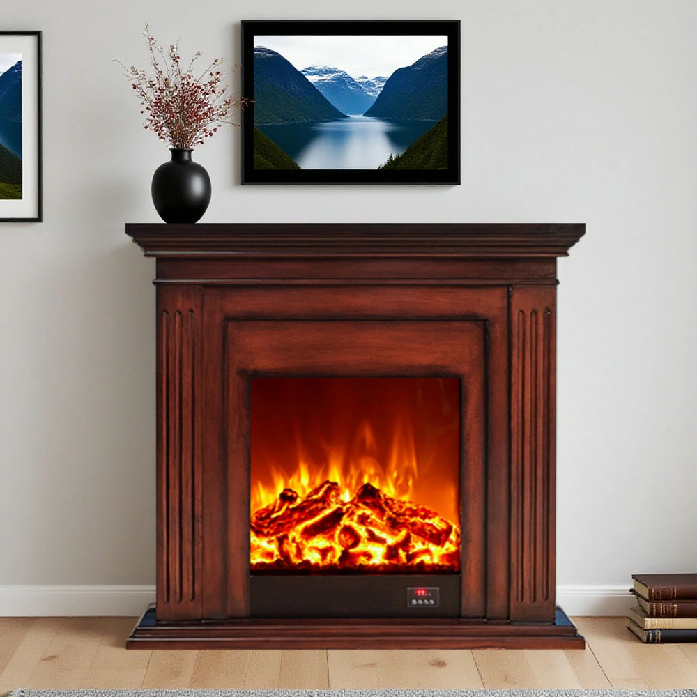 LIVARA 701 Solid Wood Electric Fireplace TV Console - 3D Flame Effect, Remote Control, Choice of 12W Decorative Core or 750–1500W Heating Core - Brown