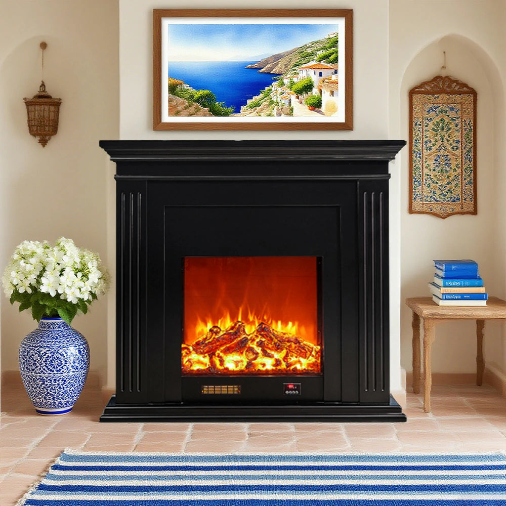 LIVARA 701 Solid Wood Electric Fireplace TV Console - 3D Flame Effect, Remote Control, Choice of 12W Decorative Core or 750–1500W Heating Core - Black