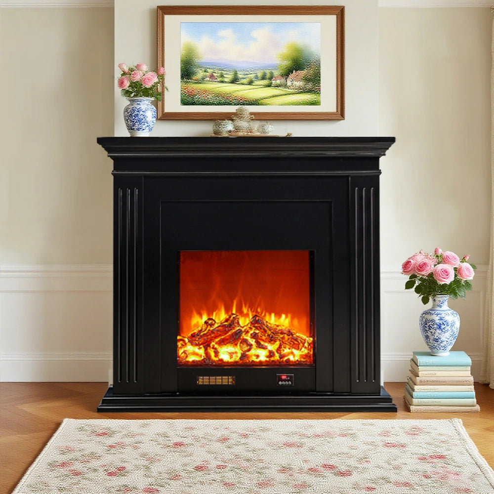 LIVARA 701 Solid Wood Electric Fireplace TV Console - 3D Flame Effect, Remote Control, Choice of 12W Decorative Core or 750–1500W Heating Core - Black