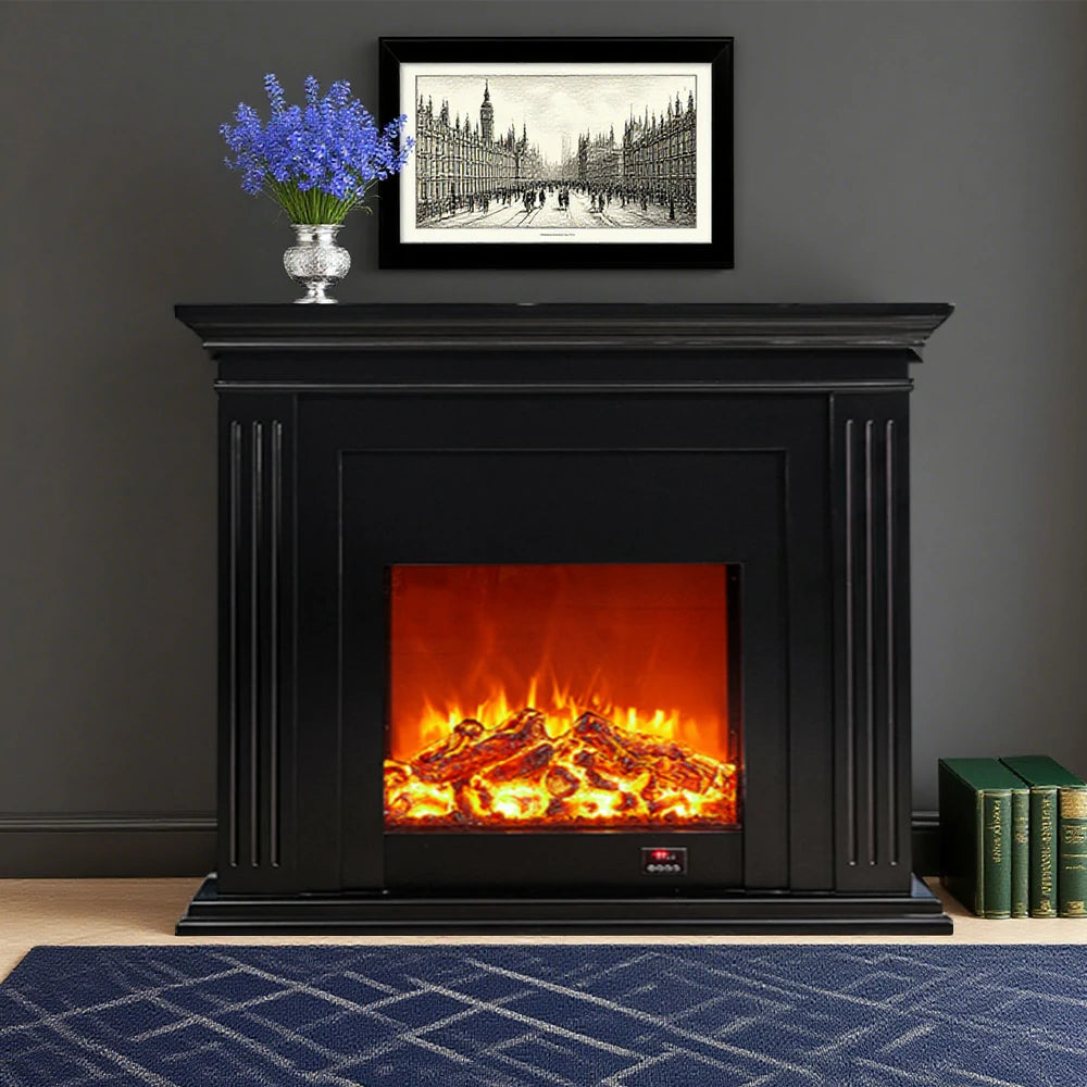 LIVARA 701 Solid Wood Electric Fireplace TV Console - 3D Flame Effect, Remote Control, Choice of 12W Decorative Core or 750–1500W Heating Core - Black