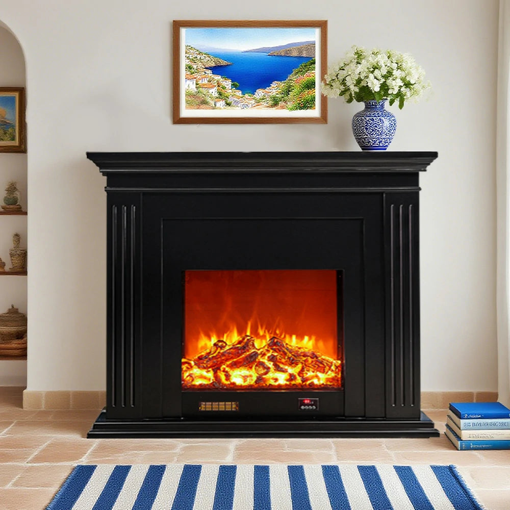 LIVARA 701 Solid Wood Electric Fireplace TV Console - 3D Flame Effect, Remote Control, Choice of 12W Decorative Core or 750–1500W Heating Core - Black