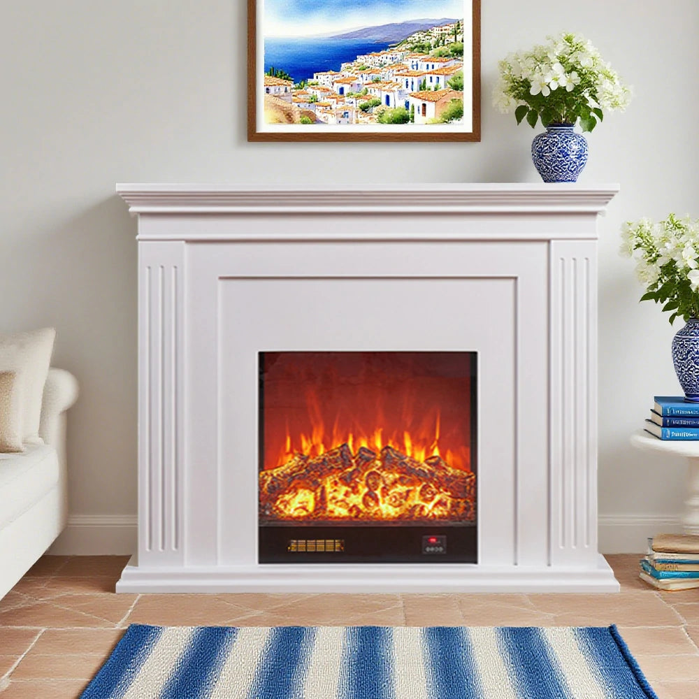 LIVARA 701 Solid Wood Electric Fireplace TV Console - 3D Flame Effect, Remote Control, Choice of 12W Decorative Core or 750–1500W Heating Core - White