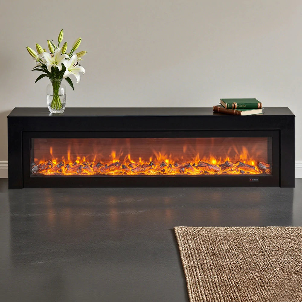 LIVARA 711 Electric Fireplace TV Cabinet - White Solid Wood Frame, 3D Flame Effect, Dual Core Options 12W/750–1500W, 180/200cm - Black