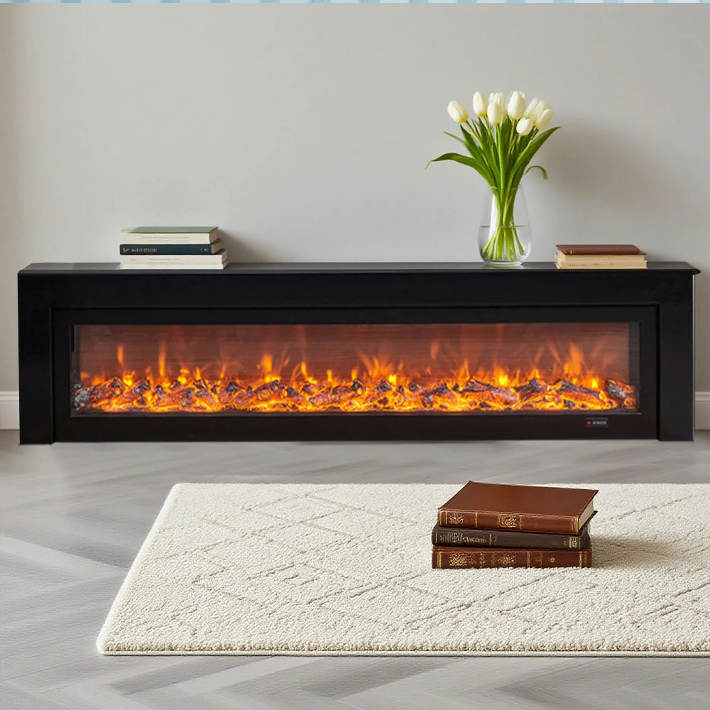 LIVARA 711 Electric Fireplace TV Cabinet - White Solid Wood Frame, 3D Flame Effect, Dual Core Options 12W/750–1500W, 180/200cm - Black