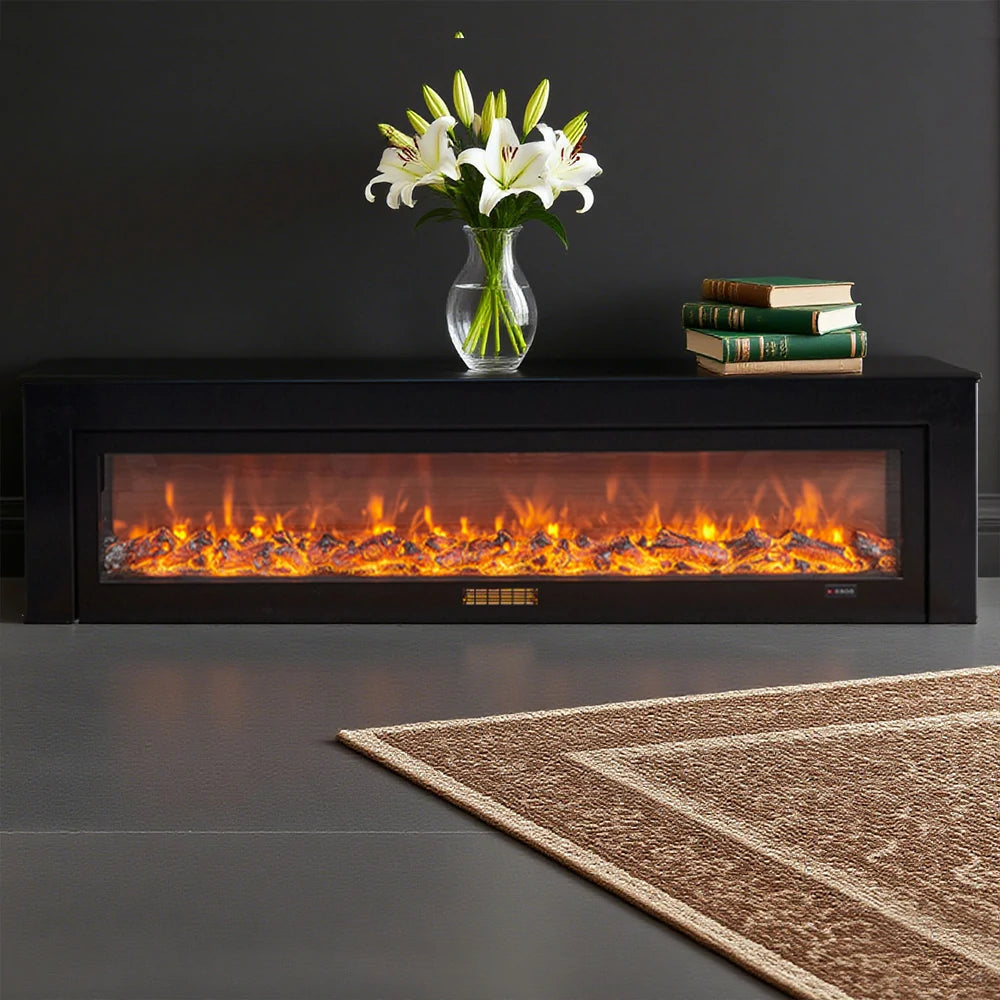 LIVARA 711 Electric Fireplace TV Cabinet - White Solid Wood Frame, 3D Flame Effect, Dual Core Options 12W/750–1500W, 180/200cm - Black