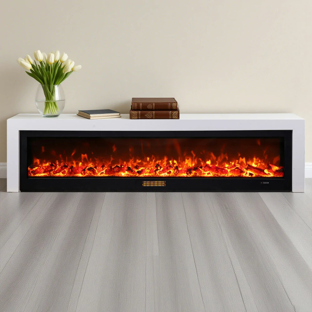 LIVARA 711 Electric Fireplace TV Cabinet - White Solid Wood Frame, 3D Flame Effect, Dual Core Options 12W/750–1500W, 180/200cm - White