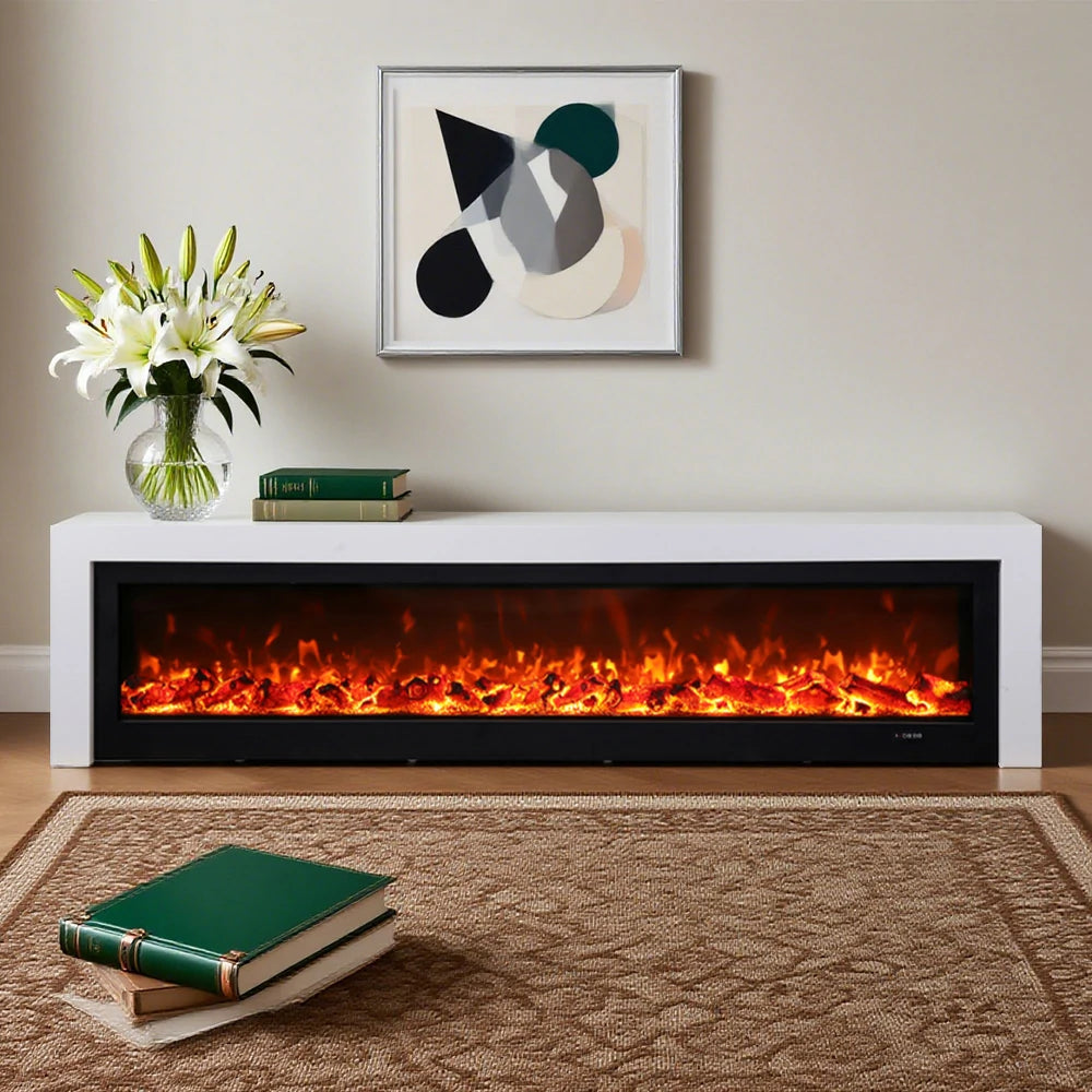 LIVARA 711 Electric Fireplace TV Cabinet - White Solid Wood Frame, 3D Flame Effect, Dual Core Options 12W/750–1500W, 180/200cm - White