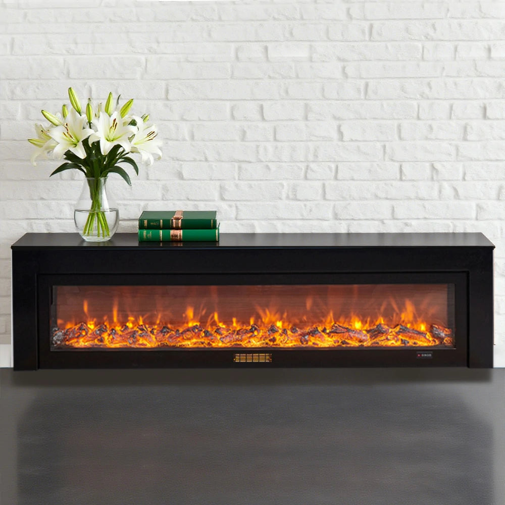 LIVARA 711 Electric Fireplace TV Cabinet - White Solid Wood Frame, 3D Flame Effect, Dual Core Options 12W/750–1500W, 180/200cm - Black