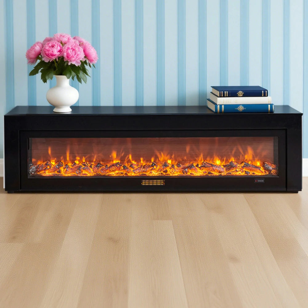 LIVARA 711 Electric Fireplace TV Cabinet - White Solid Wood Frame, 3D Flame Effect, Dual Core Options 12W/750–1500W, 180/200cm - Black