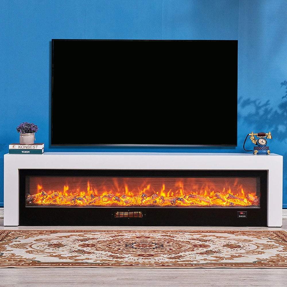 LIVARA 711 Electric Fireplace TV Cabinet - White Solid Wood Frame, 3D Flame Effect, Dual Core Options 12W/750–1500W, 180/200cm - White