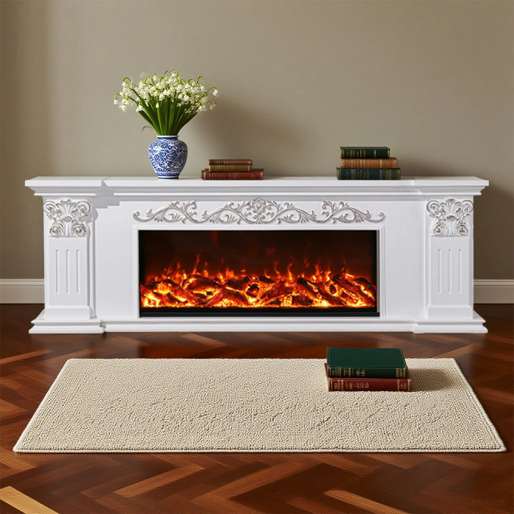 LIVARA 712 Electric Fireplace TV Cabinet – White Solid Wood Frame, 3D Flame Effect, Dual Core Options 12W/750–1500W, Remote Control, Low-Noise Design