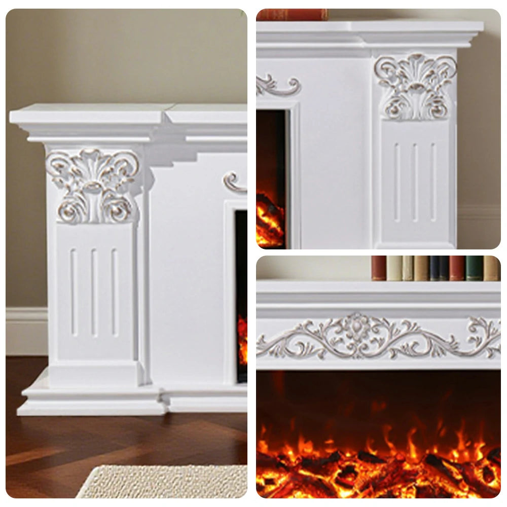 LIVARA 712 Electric Fireplace TV Cabinet – White Solid Wood Frame, 3D Flame Effect, Dual Core Options 12W/750–1500W, Remote Control, Low-Noise Design