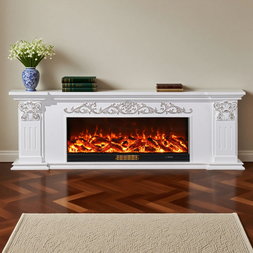 LIVARA 712 Electric Fireplace TV Cabinet – White Solid Wood Frame, 3D Flame Effect, Dual Core Options 12W/750–1500W, Remote Control, Low-Noise Design