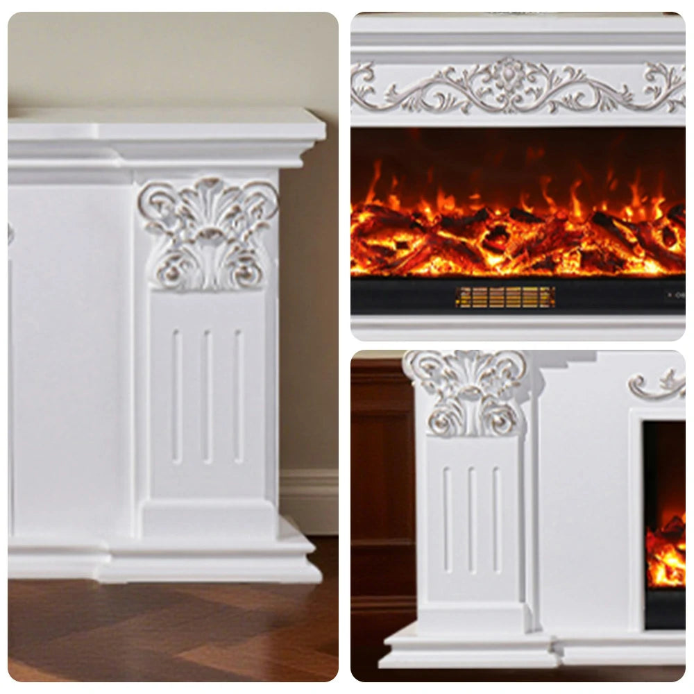 LIVARA 712 Electric Fireplace TV Cabinet – White Solid Wood Frame, 3D Flame Effect, Dual Core Options 12W/750–1500W, Remote Control, Low-Noise Design