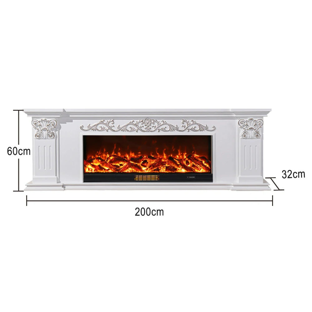 LIVARA 712 Electric Fireplace TV Cabinet – White Solid Wood Frame, 3D Flame Effect, Dual Core Options 12W/750–1500W, Remote Control, Low-Noise Design