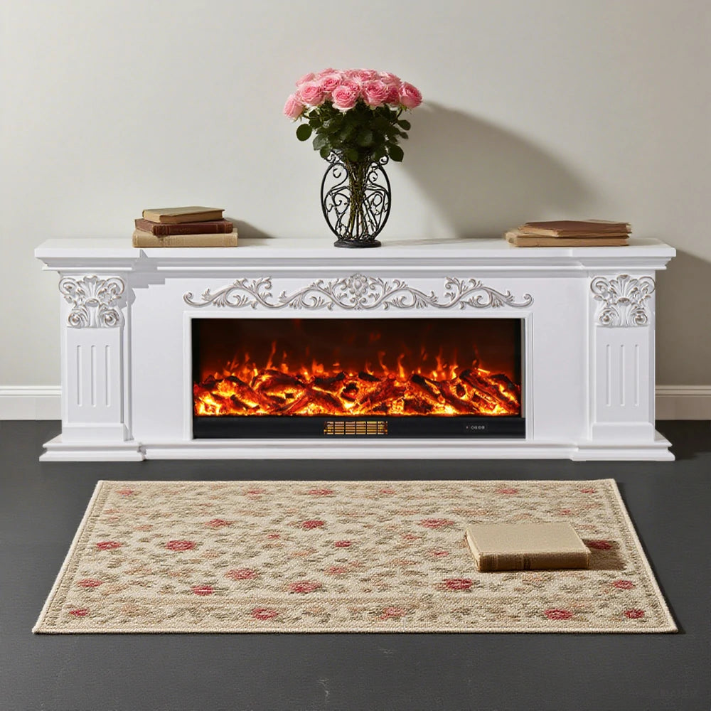 LIVARA 712 Electric Fireplace TV Cabinet – White Solid Wood Frame, 3D Flame Effect, Dual Core Options 12W/750–1500W, Remote Control, Low-Noise Design