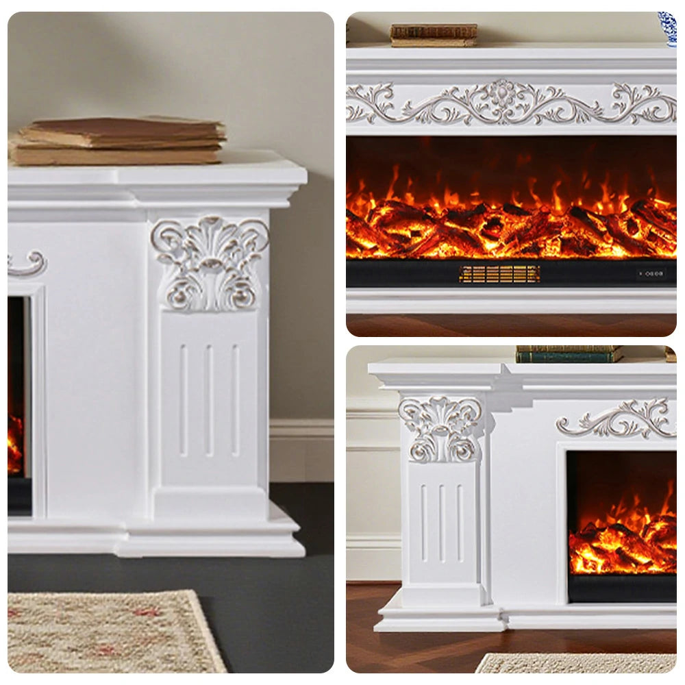 LIVARA 712 Electric Fireplace TV Cabinet – White Solid Wood Frame, 3D Flame Effect, Dual Core Options 12W/750–1500W, Remote Control, Low-Noise Design