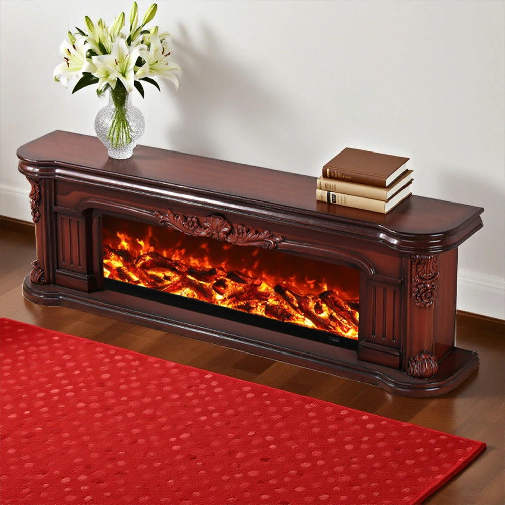 LIVARA 714 Electric Fireplace TV Cabinet - White Solid Wood Frame, 3D Flame Effect, Dual Core Options 12W/750–1500W - Brown