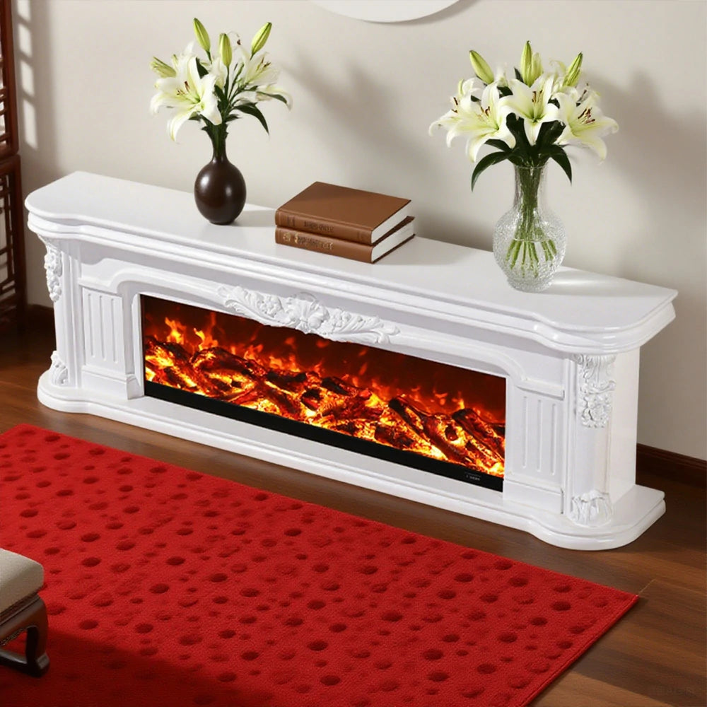 LIVARA 714 Electric Fireplace TV Cabinet - White Solid Wood Frame, 3D Flame Effect, Dual Core Options 12W/750–1500W - White