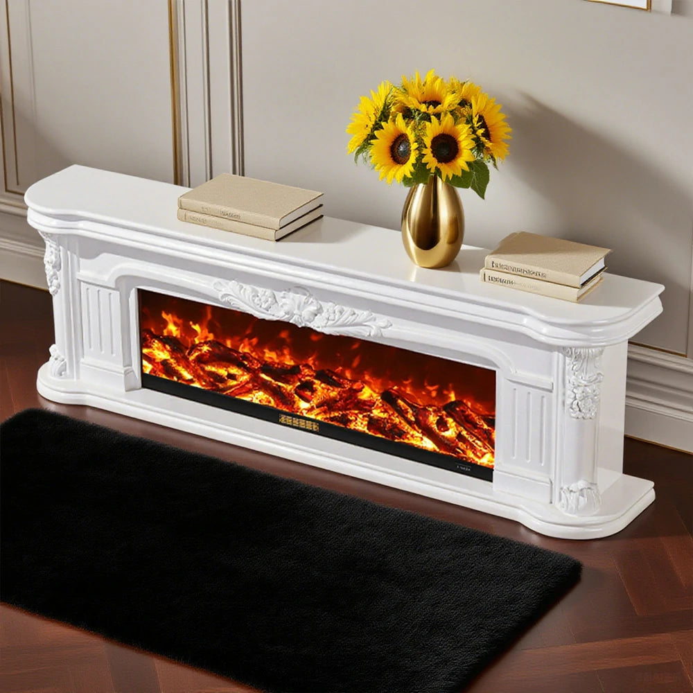 LIVARA 714 Electric Fireplace TV Cabinet - White Solid Wood Frame, 3D Flame Effect, Dual Core Options 12W/750–1500W - White