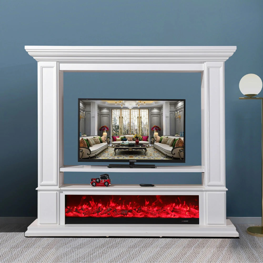 LIVARA 715 Electric Fireplace TV Cabinet – 180cm White Solid Wood Frame, 3D Flame Effect, Remote Control, Dual Core Options 12W/750–1500W - White